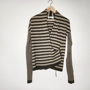 Laurie B. Womens Medium Green Sage Beige Striped Cotton Cashmere Cardigan Zip